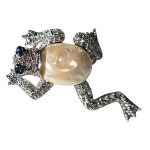 Frog Toad Brooch Pin CAROLEE Rhinestones Faux Pearl Blue Sapphire Eyes Estate
